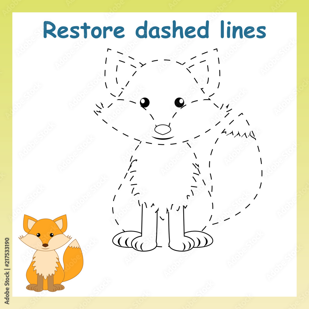 Fototapeta premium Trace game for children.Cartoon fox. Restore dashed line