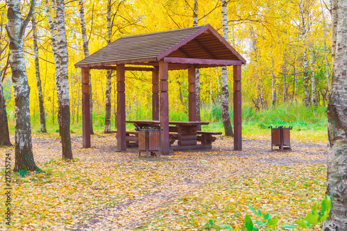 Wooden arbor in the autumn forest