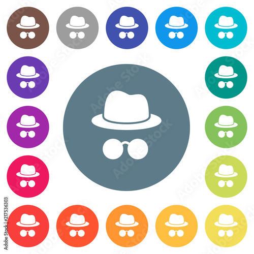 Incognito with glasses flat white icons on round color backgrounds
