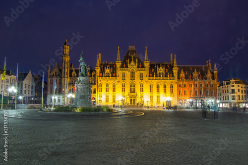 Provincial Court building on market square (Grote markt) at night, Bruges, Belgium