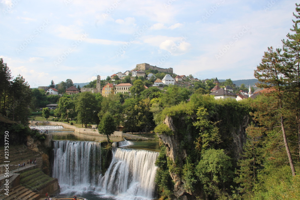 Jajce Waterfall in Jajce impressive 21m-high waterfalls form where the Pliva River tumbles abruptly into the Vrbas Rivers.