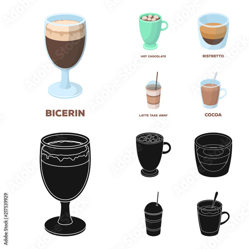 Ristretto, hot chocolate, latte take-away.Different types of coffee set collection icons in cartoon,black style vector symbol stock illustration web.