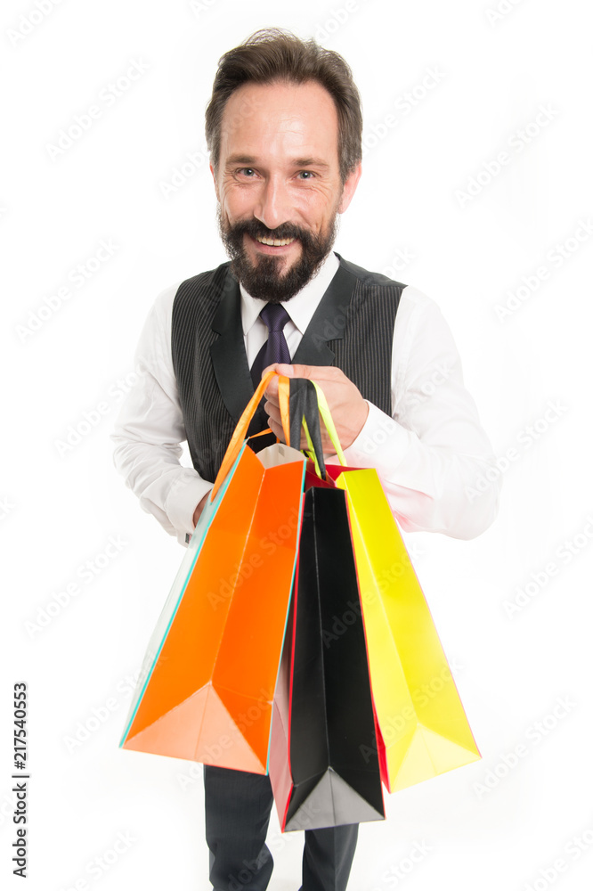 sale offer. happy businessman with good offer of sale. businessman offer shopping sale bags isolated on white. smiling businessman offer good sale