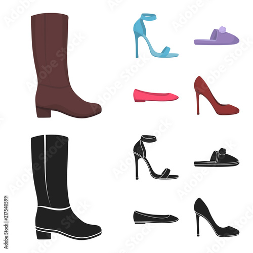 Blue high-heeled sandals, homemade lilac slippers with a pampon, pink women ballet flats, brown high-heeled shoes. Shoes set collection icons in cartoon,black style vector symbol stock illustration