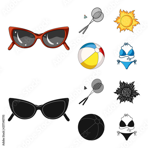 A game of badminton, a ball and the sun.Summer vacation set collection icons in cartoon,black style vector symbol stock illustration web.