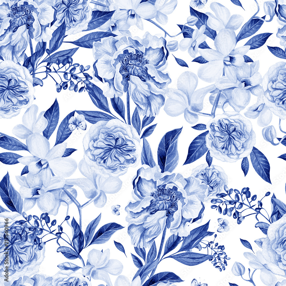 Fototapeta premium Watercolor pattern with peony flowers and orchids. 