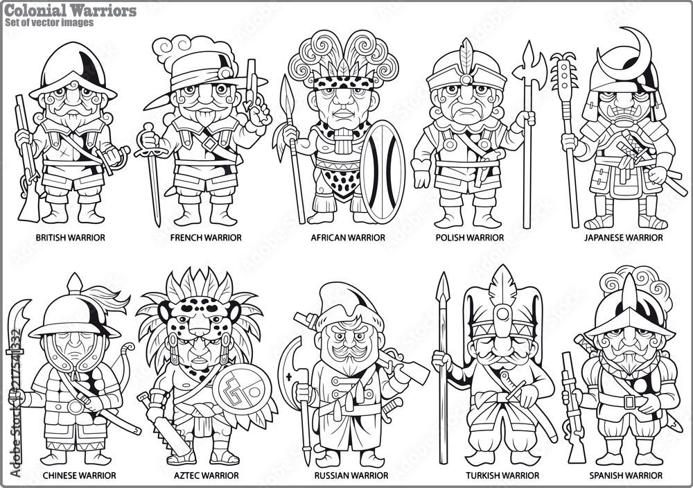 Fototapeta premium cartoon warriors of the colonial era, set of vector itages
