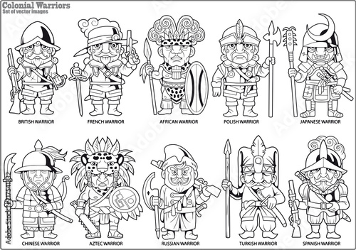 cartoon warriors of the colonial era, set of vector itages