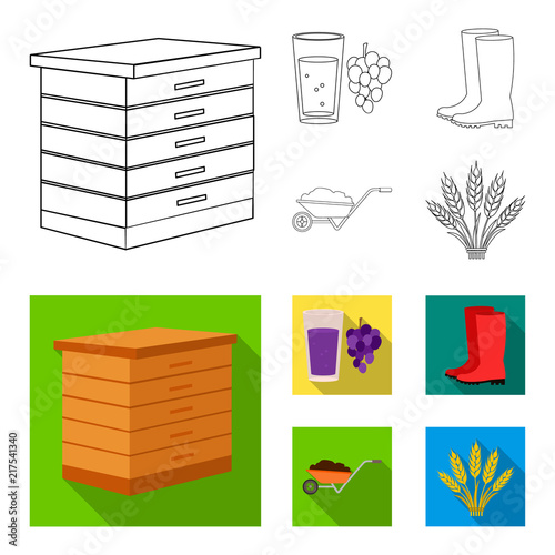 Hive, grapes, boots, wheelbarrow.Farm set collection icons in outline,flat style vector symbol stock illustration web.