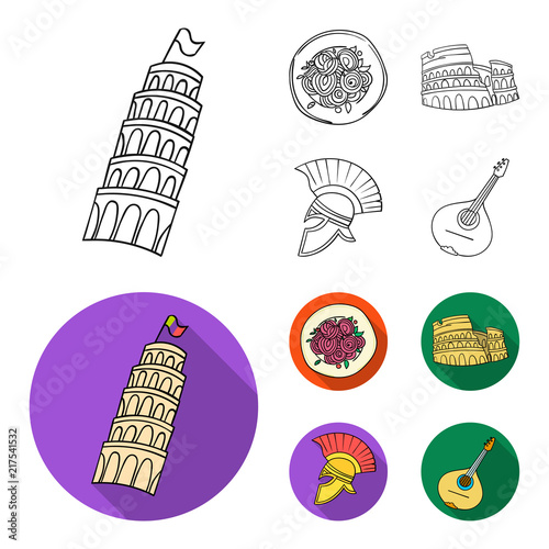 Pisa tower, pasta, coliseum, Legionnaire helmet.Italy country set collection icons in outline,flat style vector symbol stock illustration web.