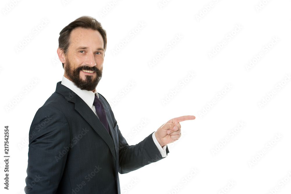 Man concept. Man pointing finger isolated on white. Bearded man in formal wear. Happy man with beard and mustache. Look at that, copy space Man concept. Man pointing finger isolated on white. Bearded man in formal wear. Happy man with beard and mustache. Look at that, copy space