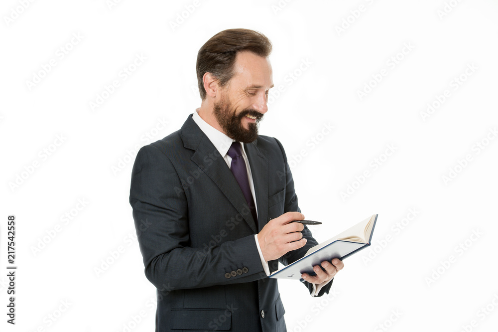 Notebook concept. Businessman make notes in notebook. Man write business strategy in notebook. Working with notebook, paperwork