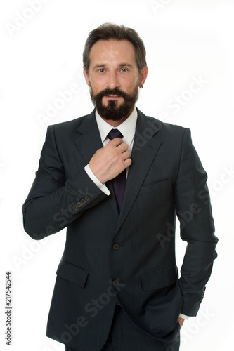Businessman concept. Confident businessman isolated on white. Bearded businessman in formal wear. Successful businessman with classy style. Profit in business