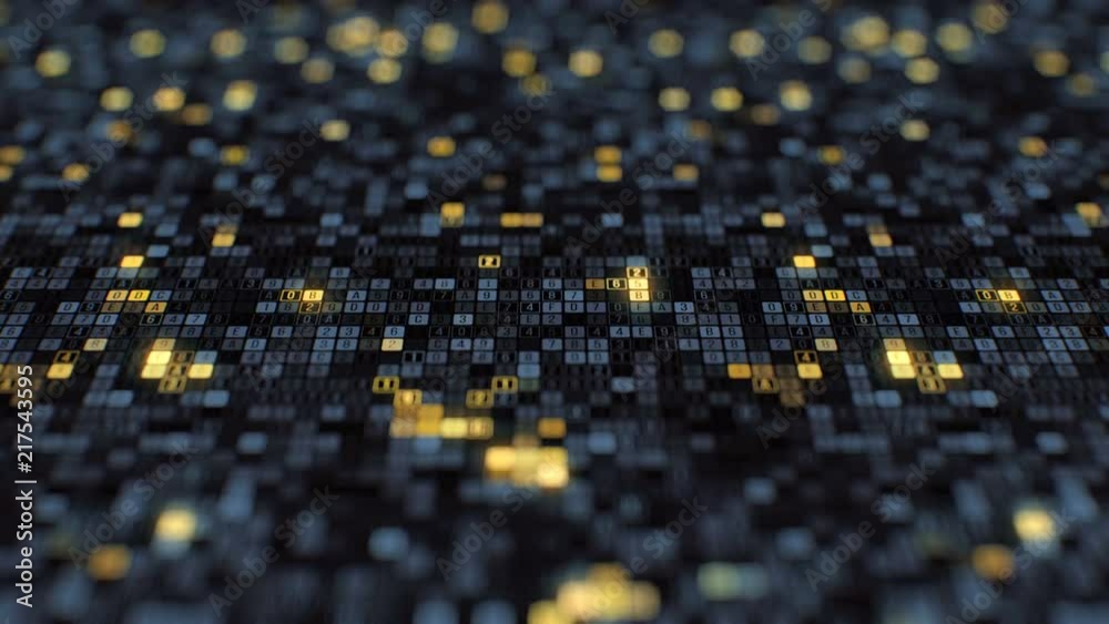 Digital data streaming blue gold flickering digitalization series futuristic abstract information technology artificial intelligence computer generated seamless loop animation dolly shot