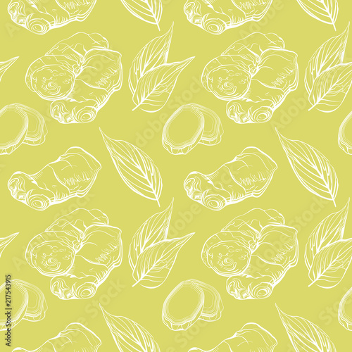Vector seamless pattern with fresh ginger root and leaves. Ginger root hand sketch vector illustration. Hand drawn botanical sketch style. 