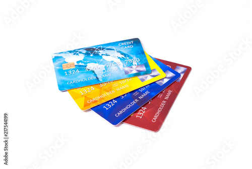 Closeup of a set of colourful credit cards isolated on white background
