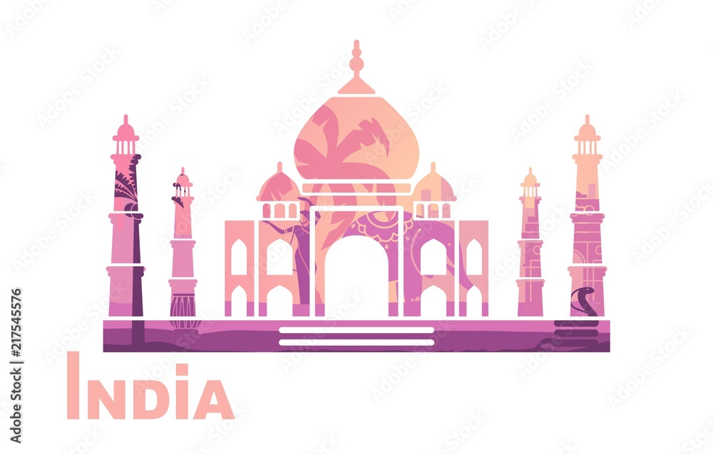 Stylized silhouette of the Taj Mahal with the symbols of India