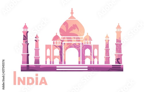 Stylized silhouette of the Taj Mahal with the symbols of India