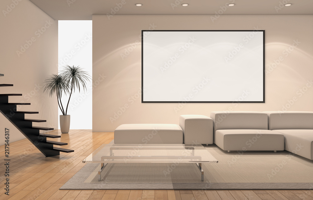 Modern bright interiors apartment with mockup poster frame 3D rendering illustration Modern bright interiors apartment with mockup poster frame 3D rendering illustration