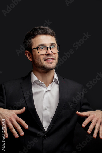 funny actor dancing with arms. talented pleasant orator using gestures while talking. public speaker photo