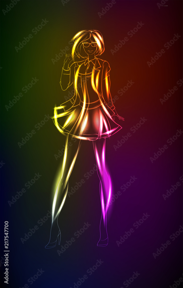 Hand-drawn fashion model from a neon. A light girl's. Fashion illustration. Hand-drawn fashion model from a neon. A light girl's. Fashion illustration.