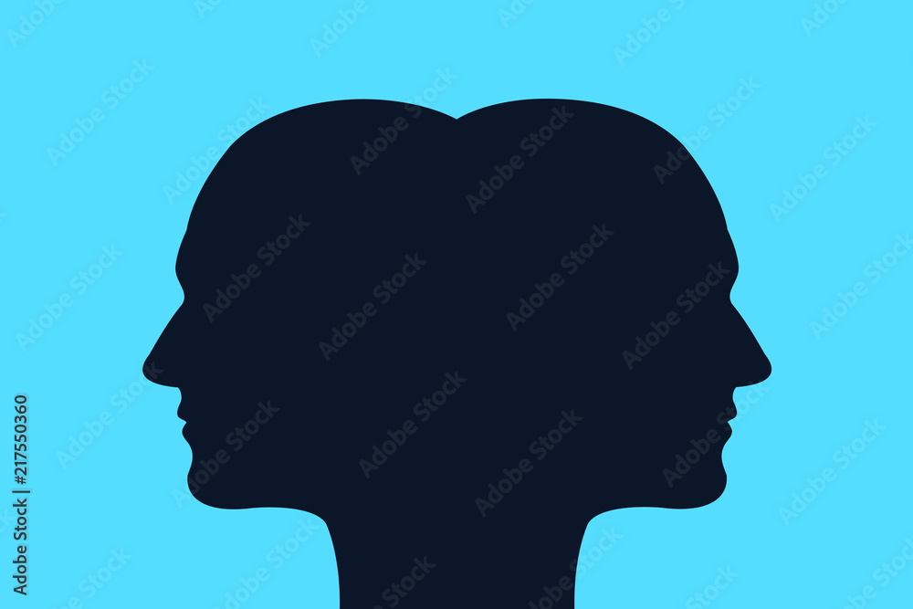 Head with two faces - conjoined twins / schizophrenia with split mind and personality. Vector illustration