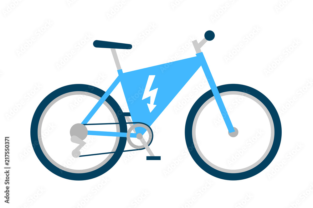 Electric bicycle with motor. Modern bike uses electricicty power. Technological device - motorized cycle. Vector illustration