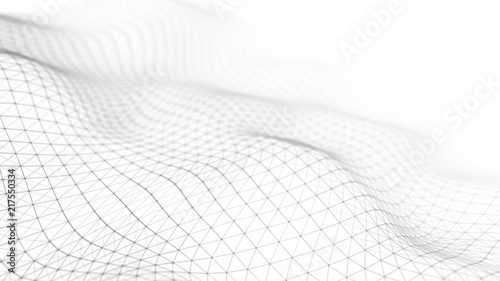 Data technology illustration. Abstract white futuristic background. Wave with connecting dots and lines on dark background. Wave of particles. 3D rendering.