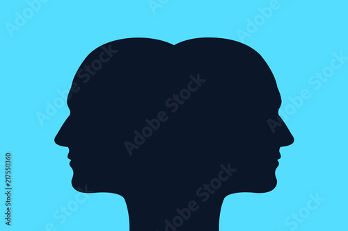 Head with two faces - conjoined twins / schizophrenia with split mind and personality. Vector illustration