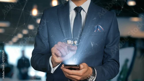 Businessman With Mobile Phone Opens Hologram HUD Interface and Touches Iso Curreny Code of Philippines Piso - PHP
