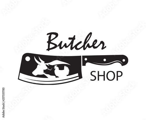 monochrome butcher shop emblem of kithen knife, pig, cow and chicken