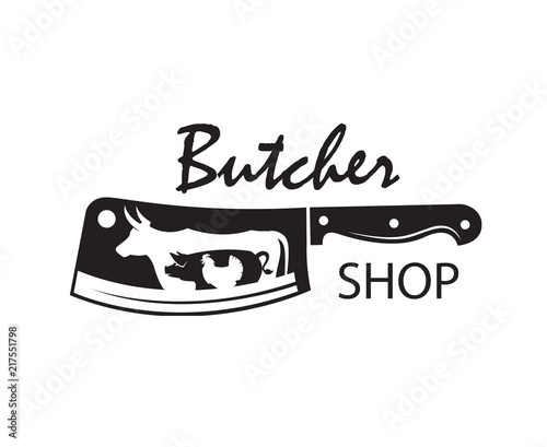 monochrome butcher shop emblem of kithen knife, pig, cow and chicken