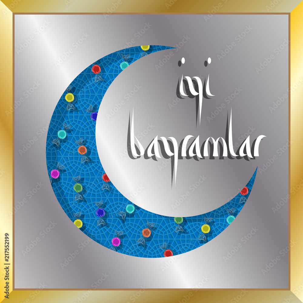 Obraz premium Turkish eid greeting with crescent moon and candies for muslim holiday