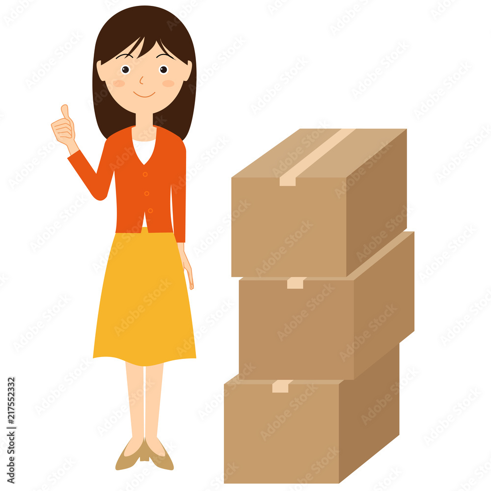 山積み段ボールと女性