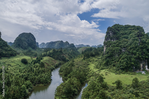 Aerial view of Karst mountains and rice fields