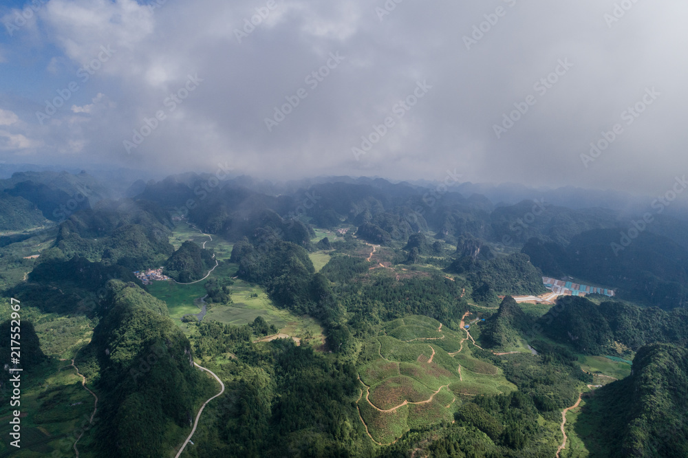 Aerial view of Karst mountains and rice fields Aerial view of Karst mountains and rice fields