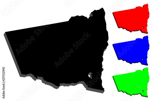 3D map of New South Wales (Australian states and territories, NSW) - black, red, blue and green - vector illustration