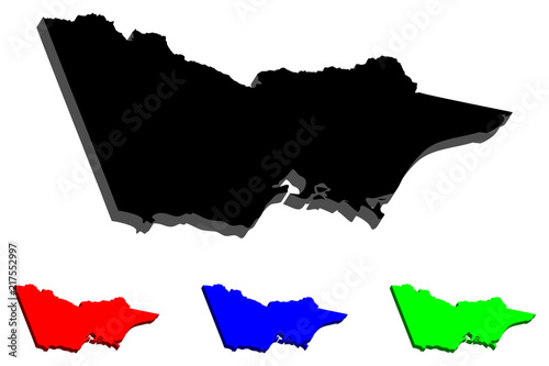 3D map of Victoria (Australian states and territories, Vic) - black, red, blue and green - vector illustration