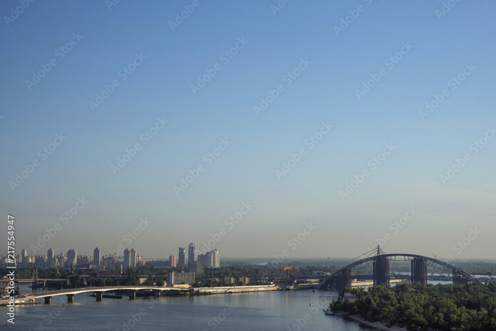 Panorama of the city in the morning after sunrise