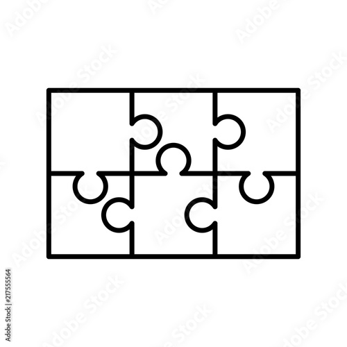6 white puzzles pieces arranged in a rectangle shape. Jigsaw Puzzle template ready for print. Cutting guidelines on white