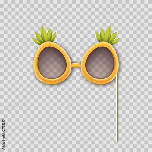 Vector realistic 3d illustration of photo booth props pineapple glasses. Object isolated on transparent background. Summer funky photo design element weddings, birthdays, and celebrations.