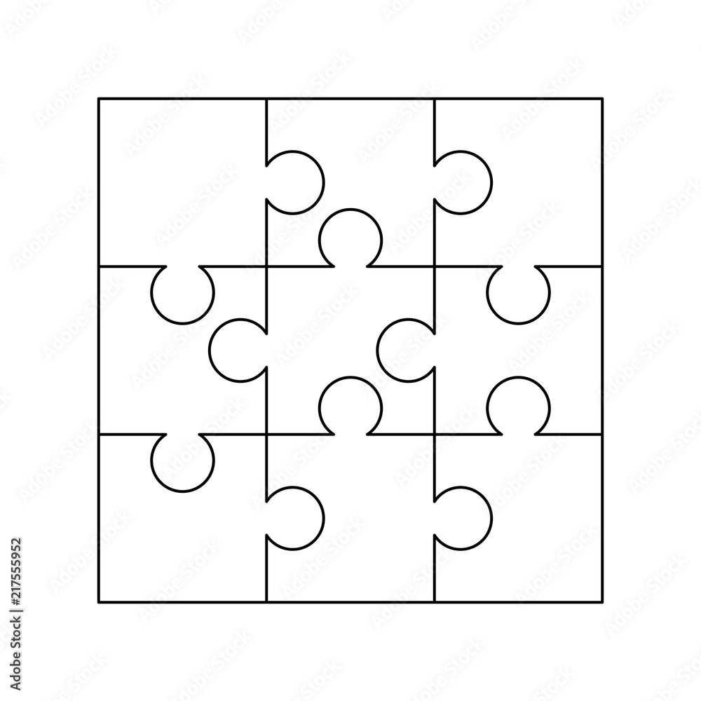 9 white puzzles pieces arranged in a square. Jigsaw Puzzle template ready  for print. Cutting guidelines on white Stock Vector | Adobe Stock