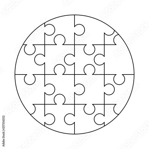 16 white puzzles pieces arranged in a round shape. Jigsaw Puzzle template ready for print. Cutting guidelines on white