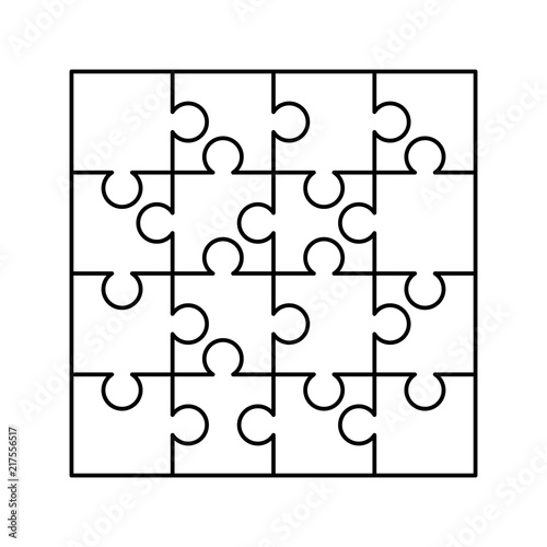 16 white puzzles pieces arranged in a square. Jigsaw Puzzle template ready for print. Cutting guidelines on white