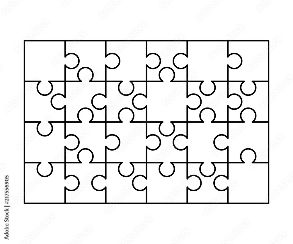 24 white puzzles pieces arranged in a rectangle shape. Jigsaw Puzzle  template ready for print. Cutting guidelines on white Stock Vector | Adobe  Stock