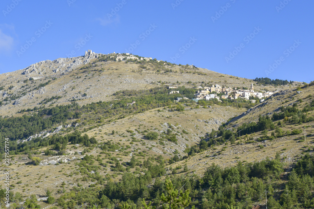 Calascio village and castle Rocca on top of the mountaine