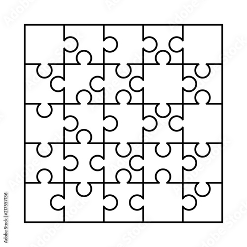 25 white puzzles pieces arranged in a square. Jigsaw Puzzle template ready for print. Cutting guidelines on white