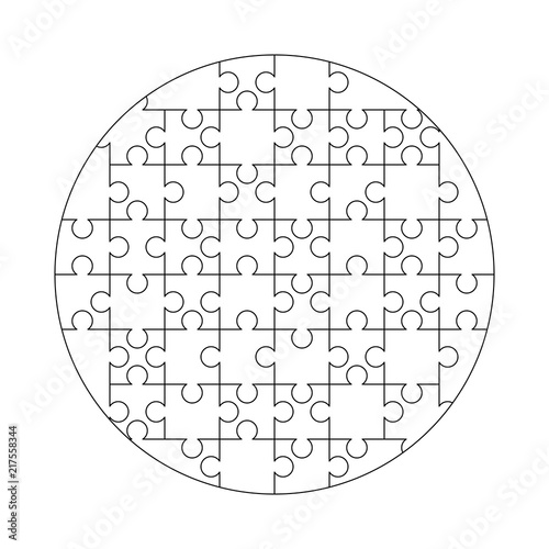 52 white puzzles pieces arranged in a round shape. Jigsaw Puzzle template ready for print. Cutting guidelines on white