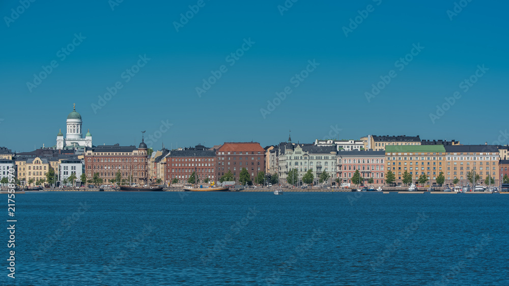 Helsinki in Finland, panorama of the town from the sea, with the cathedral in background 
