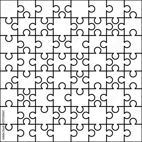 64 white puzzles pieces arranged in a square. Jigsaw Puzzle template ready for print. Cutting guidelines on white